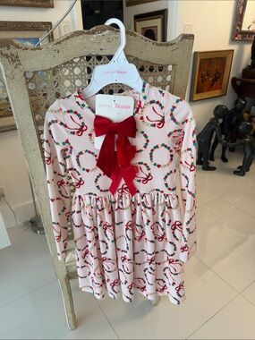 Young Hearts Pink Holiday Wreath Dress with Red Bow